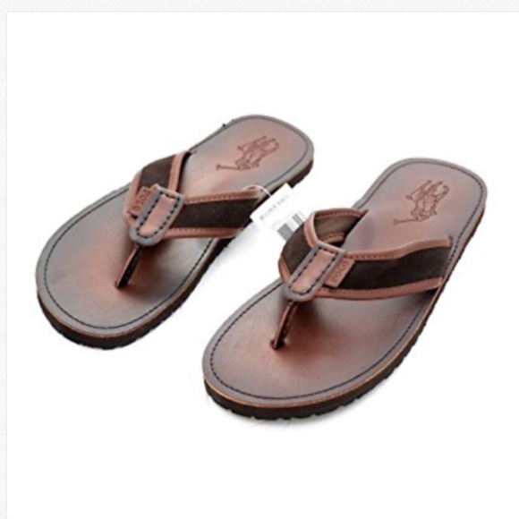 POLO RALPH LAUREN MEN'S BROWN LEATHER FLIP FLOP - Picture 3 of 9
